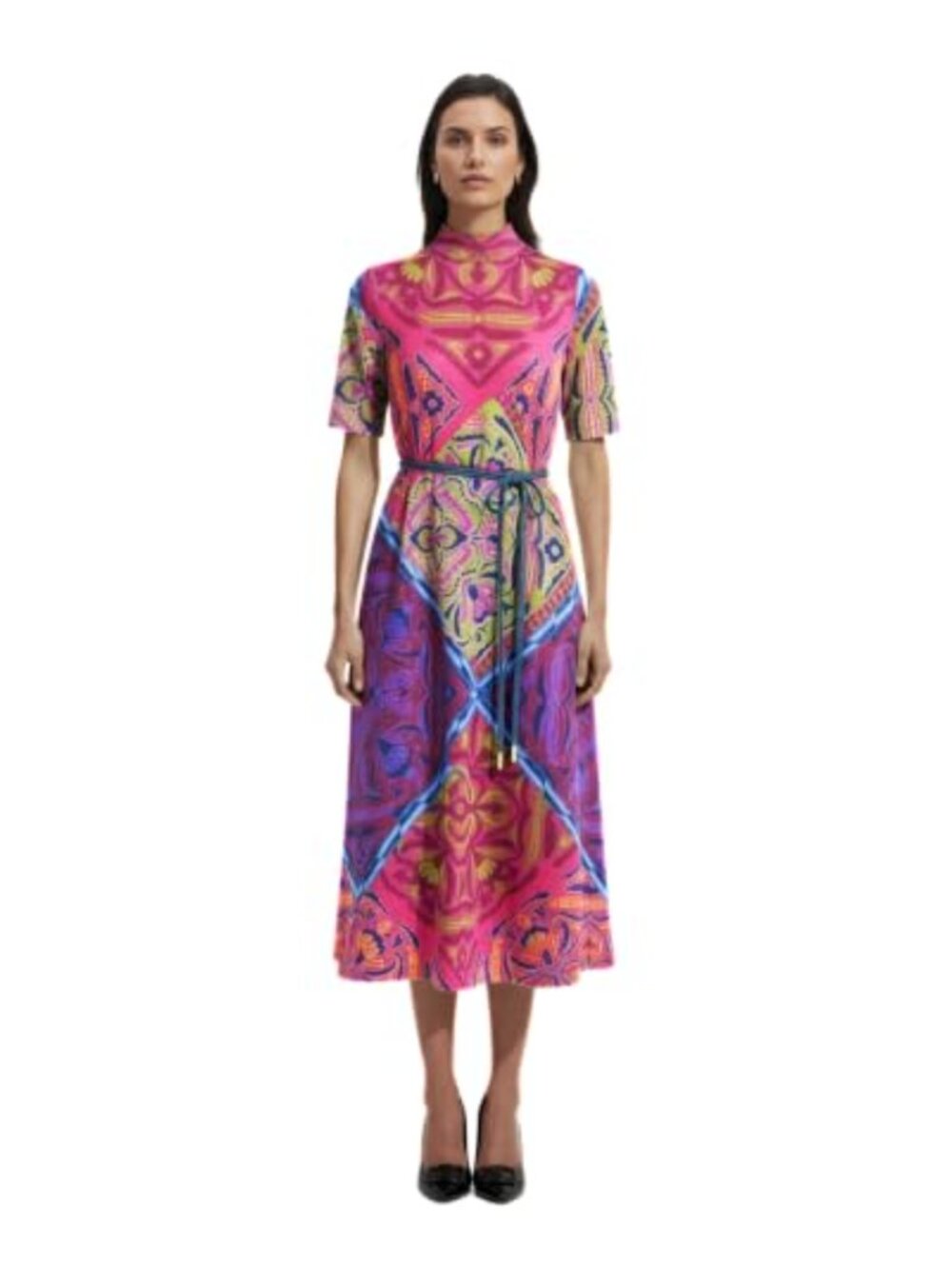 Printed Knit Midi Dress Mock Neck Short Sleeve Formal Office Wear